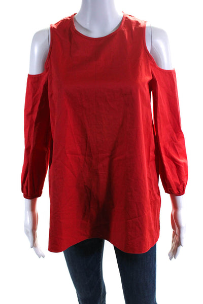 Tibi Womens Bright Red Cotton Cold Shoulder Long Sleeve Blouse Top Size 2