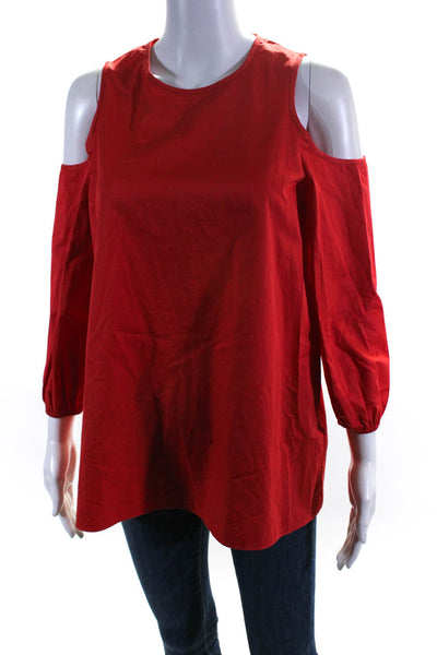 Tibi Womens Bright Red Cotton Cold Shoulder Long Sleeve Blouse Top Size 2