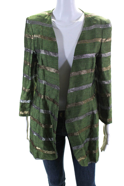 Neil Bieff Womens Metallic Striped Woven Open Front Blazer Jacket Green Size 8