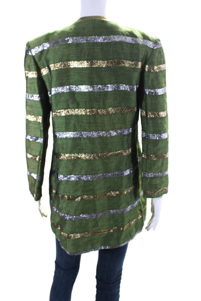 Neil Bieff Womens Metallic Striped Woven Open Front Blazer Jacket Green Size 8