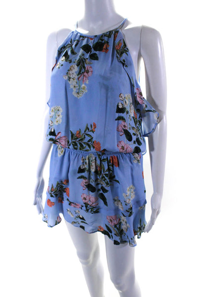 Parker Womens Silk Floral Print Ruffled Smocked Waist Blouson Dress Blue Size M