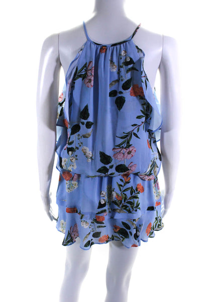 Parker Womens Silk Floral Print Ruffled Smocked Waist Blouson Dress Blue Size M