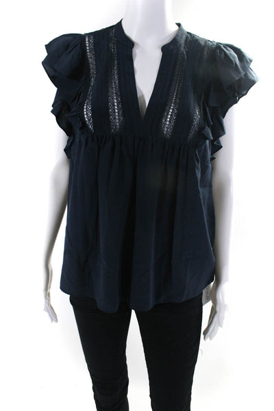 Joie Womens Silk Ruffled Sleeves V Neck Blouse Navy Blue Size Medium