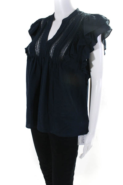 Joie Womens Silk Ruffled Sleeves V Neck Blouse Navy Blue Size Medium