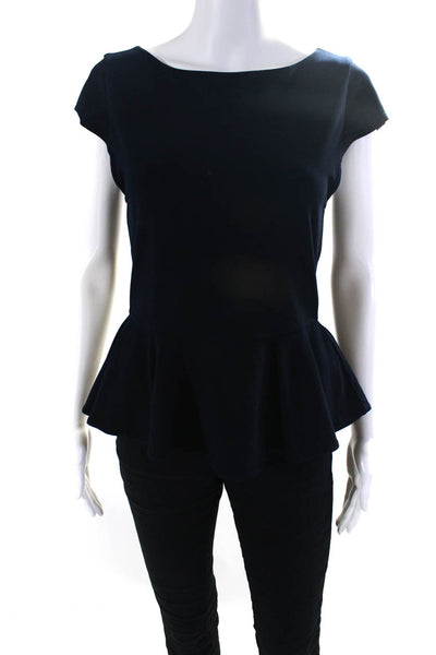 Alice + Olivia Womens Zipped Cap Sleeve Round Neck Peplum Blouse Navy Size S