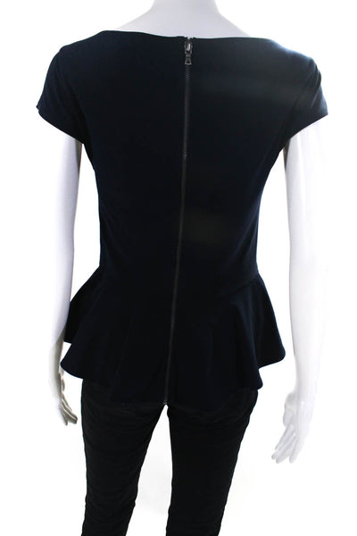 Alice + Olivia Womens Zipped Cap Sleeve Round Neck Peplum Blouse Navy Size S