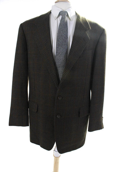 Hickey Freeman Mens Plaid Three Button Blazer Brown Wool Size 44 Long