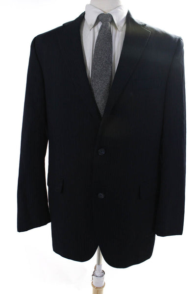 Jack Victor Mens Pinstriped Two Button Blazer Navy Blue Wool Size 42 Long
