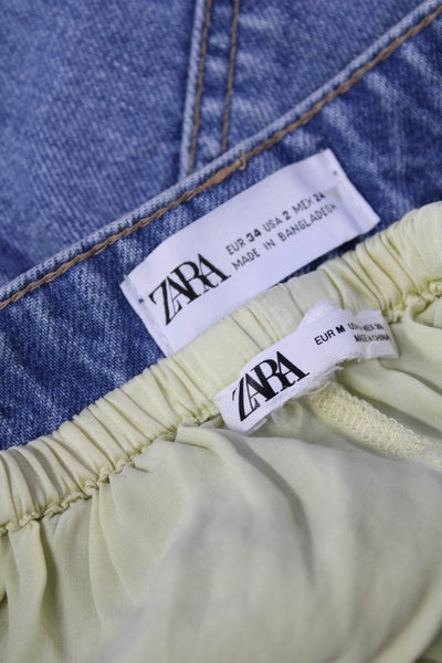 Zara Womens Satin Lace Denim Tap Shorts Blue Yellow Size 2 Medium Lot 2