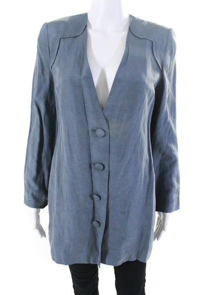 Black Iris Womens Long Button Up Blazer Jacket Light Blue Silk Linen Size 2