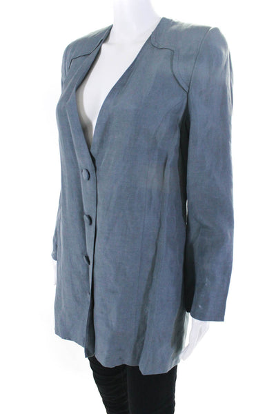 Black Iris Womens Long Button Up Blazer Jacket Light Blue Silk Linen Size 2