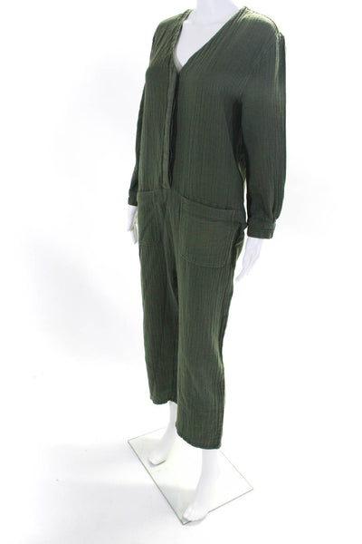 The Great Womens V Neck Button Up Long Sleeve Gauze Jumpsuit Green Size 1