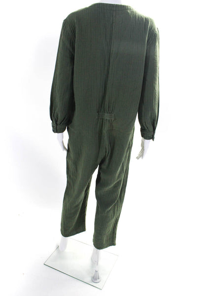 The Great Womens V Neck Button Up Long Sleeve Gauze Jumpsuit Green Size 1