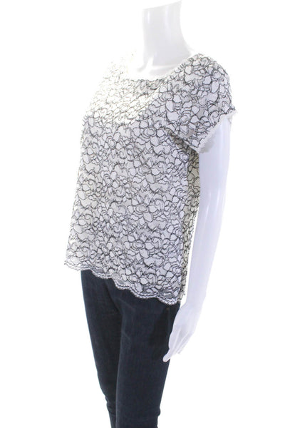 Karl Lagerfeld Women's Short Sleeve Lace Scalloped Trim Blouse White Size M