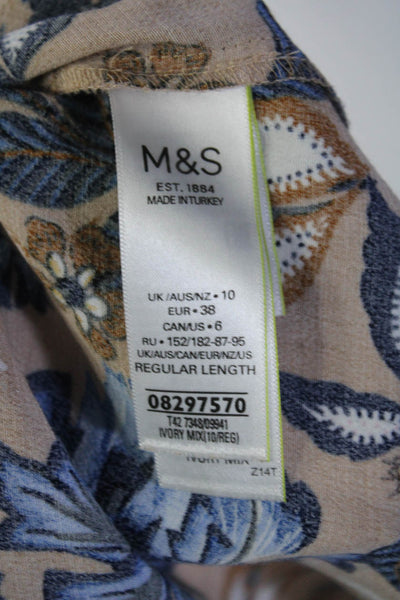 M&S Collection Womens Long Sleeve Crew Neck Smocked Floral Dress Brown Size 6