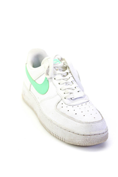 Nike Womens Leather Air Force Lace Up Green Swoosh Sneakers White Size 8.5