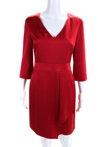 Trina Turk Womens Satin V-Neck Long Sleeve Draped Waist Sheath Dress Red Size 2