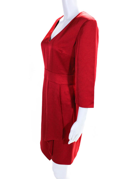 Trina Turk Womens Satin V-Neck Long Sleeve Draped Waist Sheath Dress Red Size 2