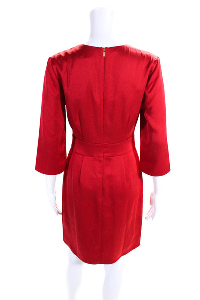 Trina Turk Womens Satin V-Neck Long Sleeve Draped Waist Sheath Dress Red Size 2