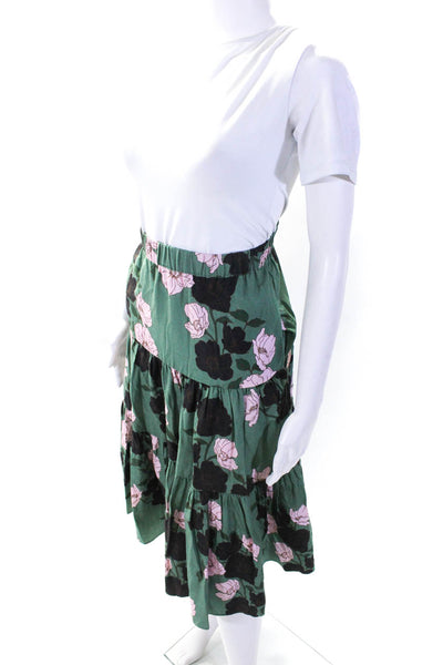 The Westside Womens Silk Floral Print Tiered Elastic A-Line Skirt Green Size XS