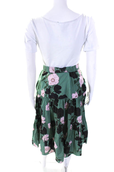 The Westside Womens Silk Floral Print Tiered Elastic A-Line Skirt Green Size XS