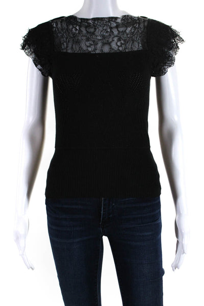 Catherine Malandrino Womens Lace Short Sleeves Sweater Black Cotton Size Petite