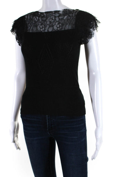 Catherine Malandrino Womens Lace Short Sleeves Sweater Black Cotton Size Petite