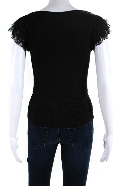 Catherine Malandrino Womens Lace Short Sleeves Sweater Black Cotton Size Petite