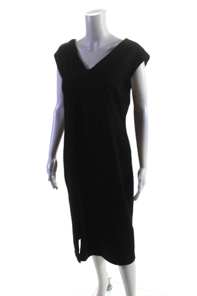 Tahari Womens Knit V-Neck Sleeveless Zip Up Shift Midi Dress Black Size 8