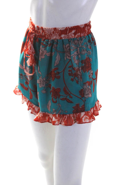 Misa Womens Teal Orange Floral Print Drawstring Ruffle Mini Shorts Size XS