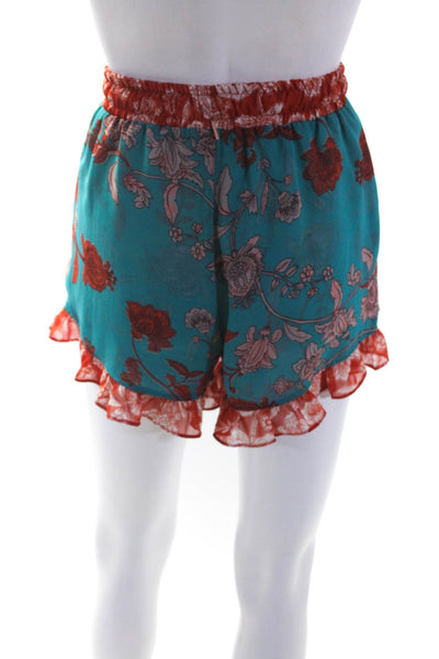 Misa Womens Teal Orange Floral Print Drawstring Ruffle Mini Shorts Size XS