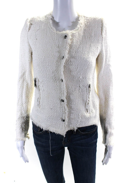 IRO Womens Button Zip Front Fringe Tweed Jacket White Cotton Size FR 36