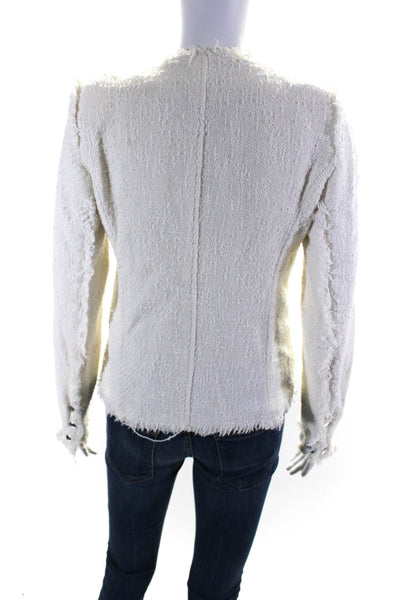 IRO Womens Button Zip Front Fringe Tweed Jacket White Cotton Size FR 36
