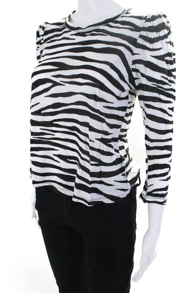 ALC Womens Jersey Striped Puff Sleeve Round Collar Tee T-Shirt Black Size XS