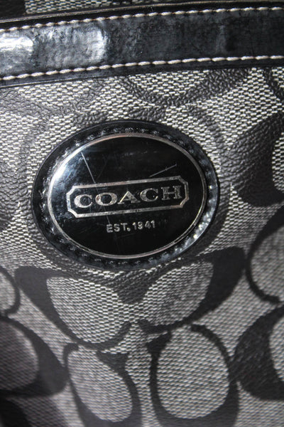Coach Signature Monogram Canvas Patent Leather Trim Tote Handbag Black Gray