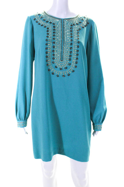 Trina Turk Womens Rhinestone Beaded Long Sleeve Shift Dress Turquoise Size 10