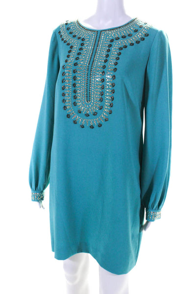 Trina Turk Womens Rhinestone Beaded Long Sleeve Shift Dress Turquoise Size 10