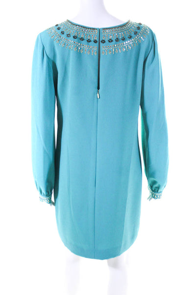 Trina Turk Womens Rhinestone Beaded Long Sleeve Shift Dress Turquoise Size 10