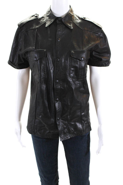 The Noose Womens Leather Collared Snap Short Sleeve Shirt Black Size Medium