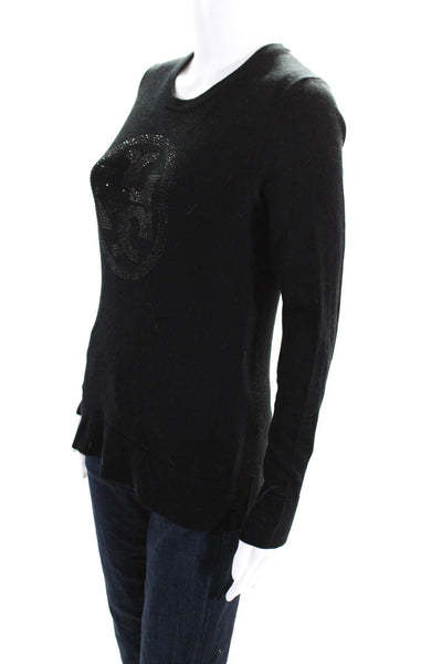 Tory Burch Womens Black Wool Bedazzled Crew Neck Long Sleeve Knit Top Size M