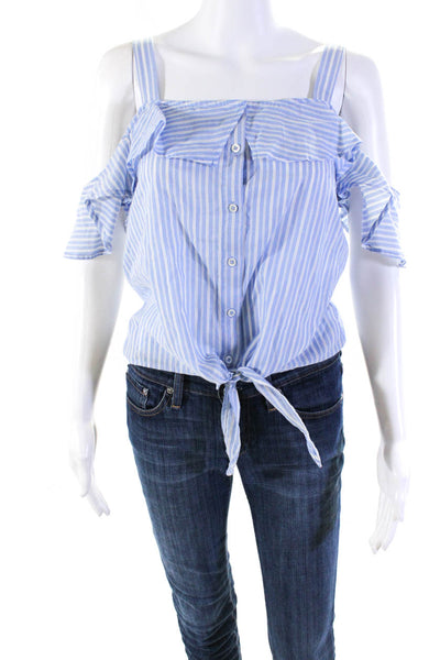 Paige Womens Button Up Square Neck Ruffled Striped Cold Shoulder Top Blue Small
