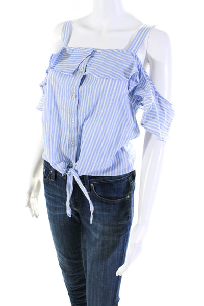 Paige Womens Button Up Square Neck Ruffled Striped Cold Shoulder Top Blue Small