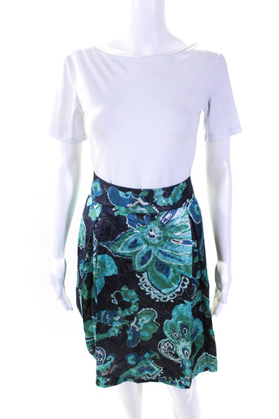 Tory Burch Women's Silk Metallic Abstract Print Pleated Skirt Blue/Green Size 10