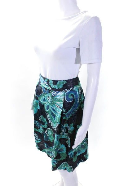 Tory Burch Women's Silk Metallic Abstract Print Pleated Skirt Blue/Green Size 10