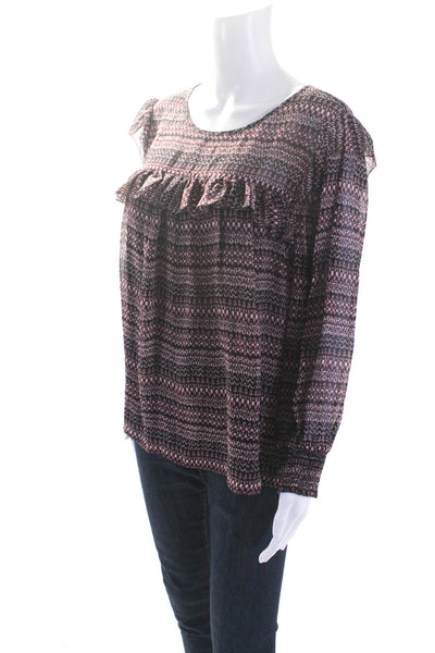 Joie Women's Round Neck Long Sleeves Ruffle Silk Blouse Brown Size L