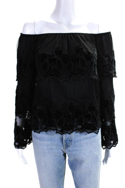Endless Rose Womens Floral Embroidered Long Sleeve Blouse Top Black Size M