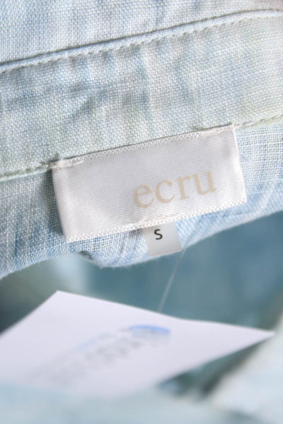 Ecru Womens Linen Striped Print Buttoned Collared Tied Hem Top Blue Size S