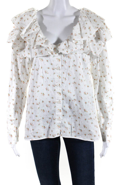 Something Navy Women's Cotton Floral Long Sleeve Ruffle Blouse White Size L