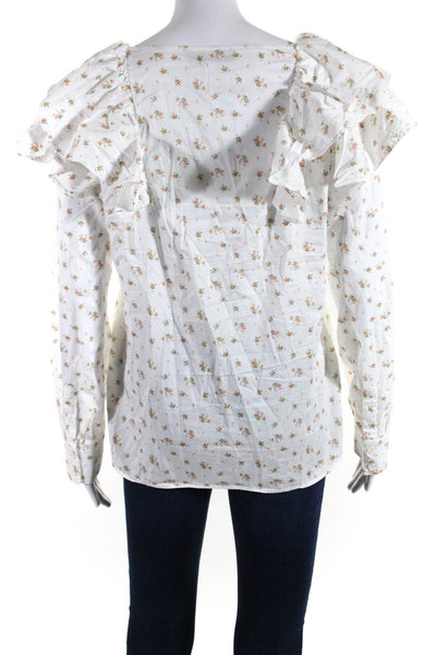 Something Navy Women's Cotton Floral Long Sleeve Ruffle Blouse White Size L