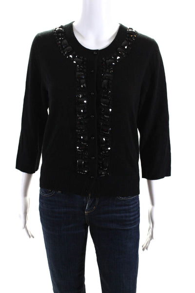 Kate Spade New York Womens Black Wool Knit Beaded Cardigan Sweater Top Size M